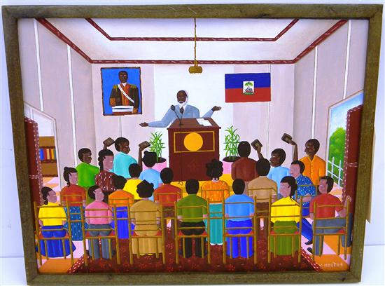 Appraisal: Voltaire Hector Haitiain b acrylic on canvas Minister Church meeting