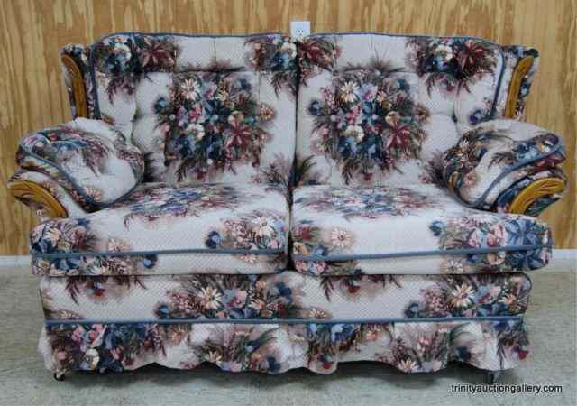 Appraisal: Country Home Love Seat Floral Fabric Oak TrimVery nice c