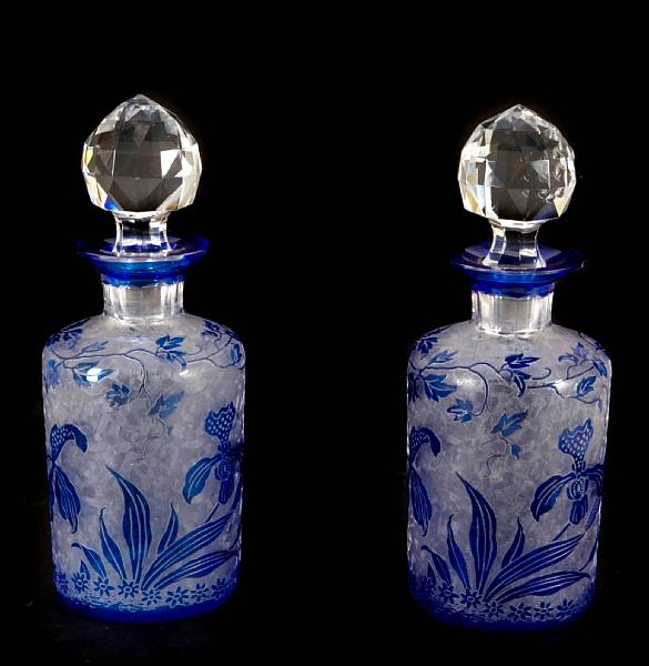 Appraisal: A pair of Val St Lambert colored glass decanters and