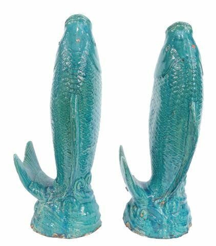 Appraisal: pair Large Chinese ceramic carp-form vases in a turquoise glaze