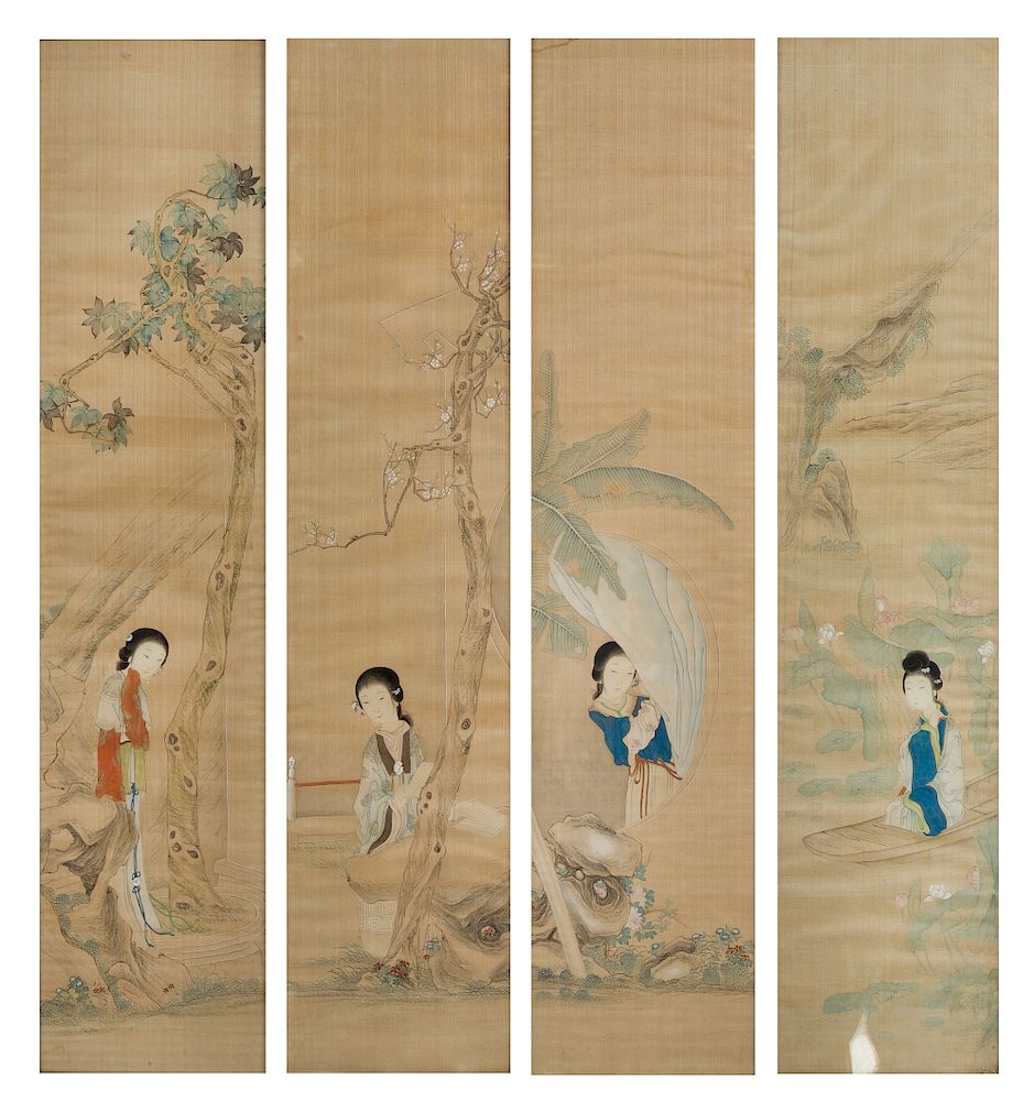 Appraisal: A Set of Four Ink and Color on Silk Paintings