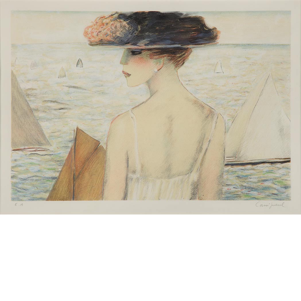 Appraisal: Jean-Paul Cassigneul b GIRL PLAYING WOMAN AND BOATS AT SEA