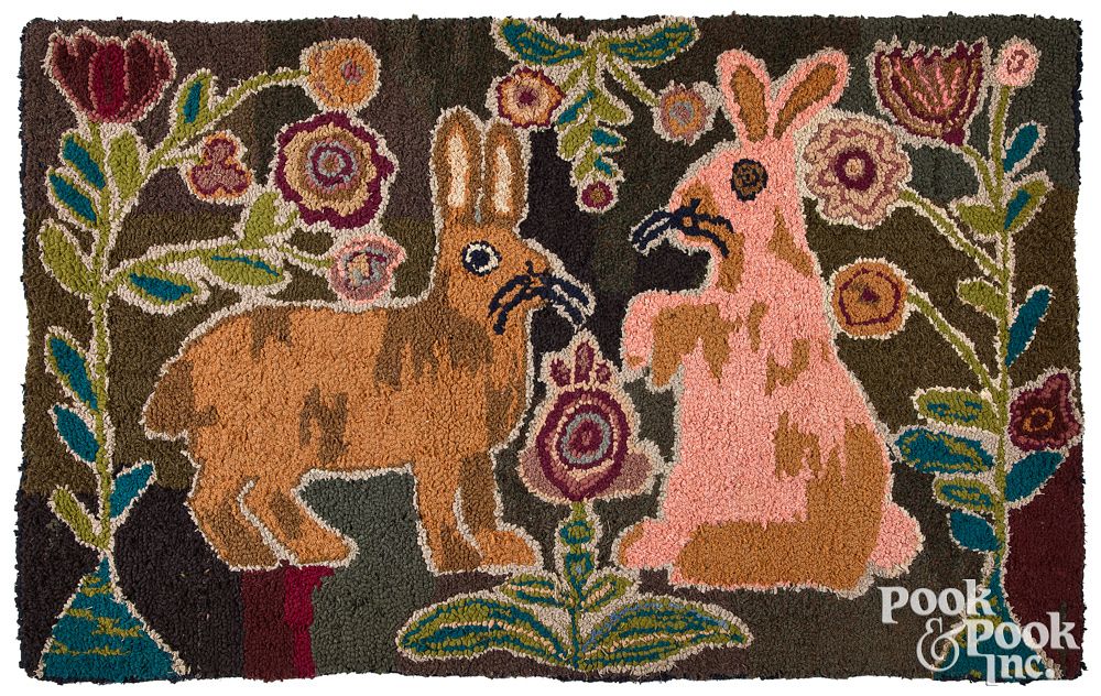 Appraisal: American hooked rug th c with rabbits x American hooked