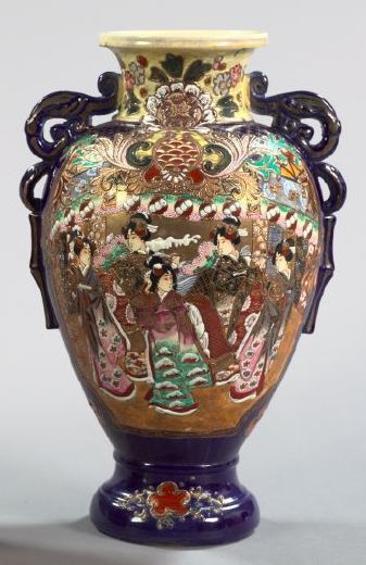 Appraisal: Richly Polychromed and Parcel-Gilded Satsuma Pottery Garniture Vase first quarter