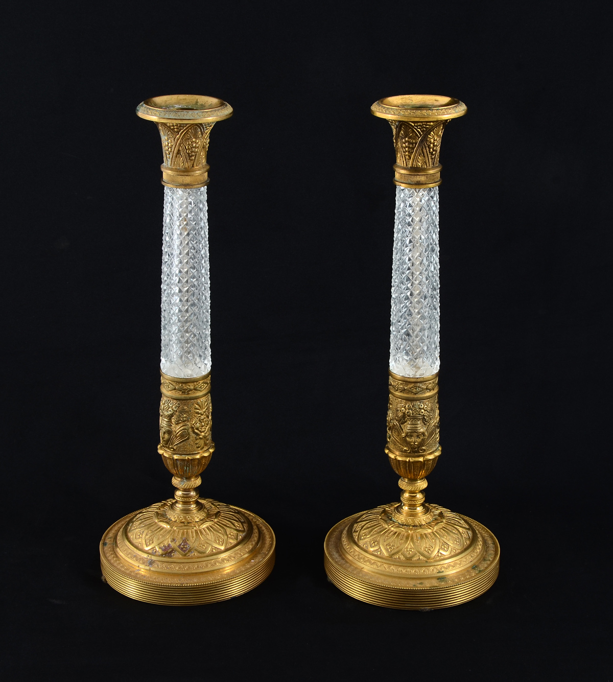 Appraisal: PAIR OF FRENCH DORE BRONZE CRYSTAL CANDLESTICKS French gilt candlesticks