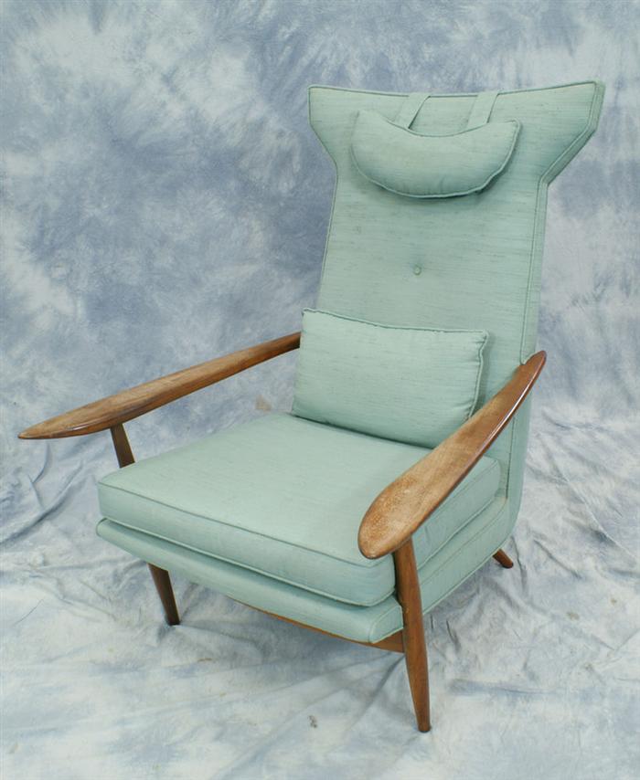 Appraisal: Walnut Danish modern armchair with sea green upholstery unsigned h