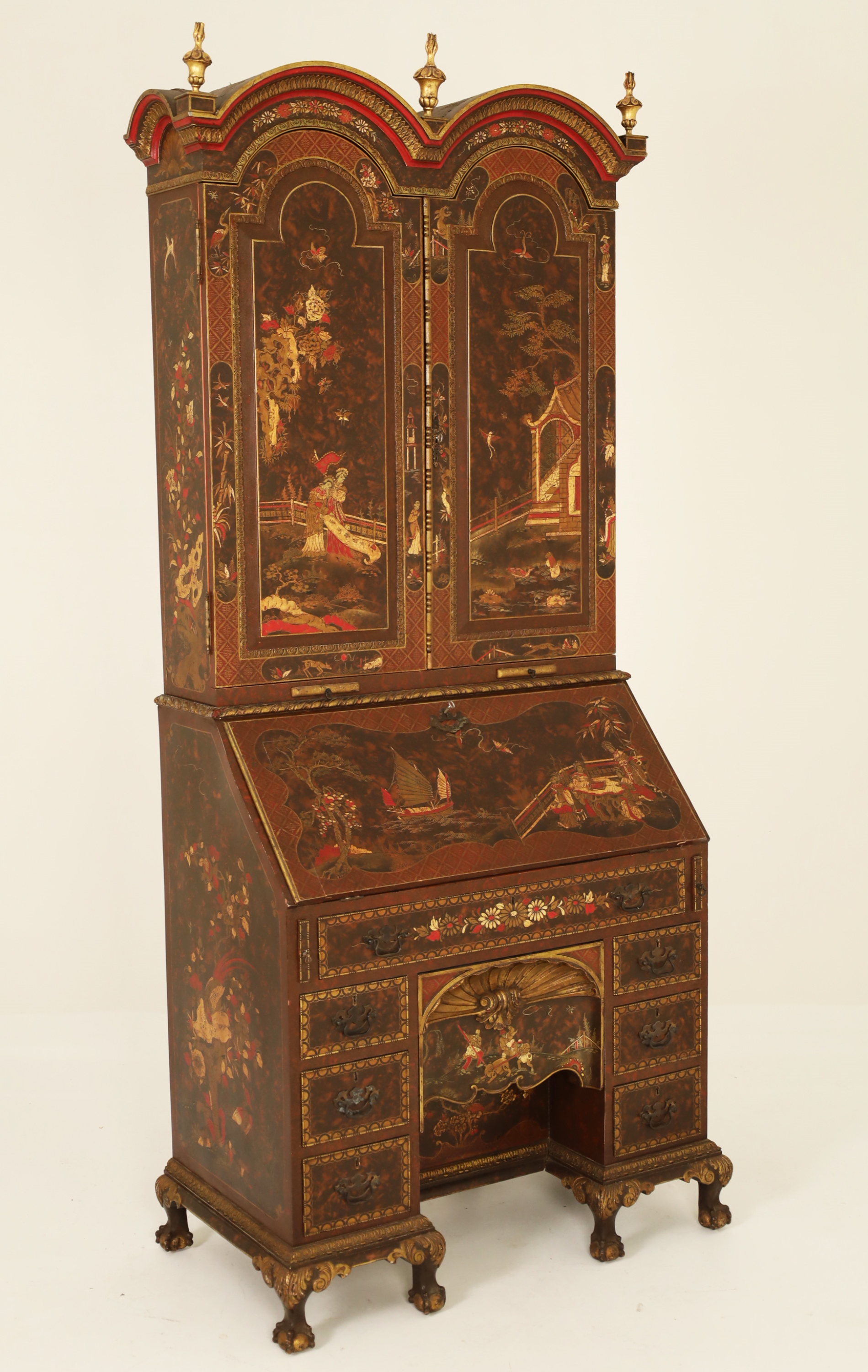 Appraisal: STUNNING CHINOISERIE LACQUERED BUREAU BOOKCASE Stunning red tortoiseshell design Chinoiserie