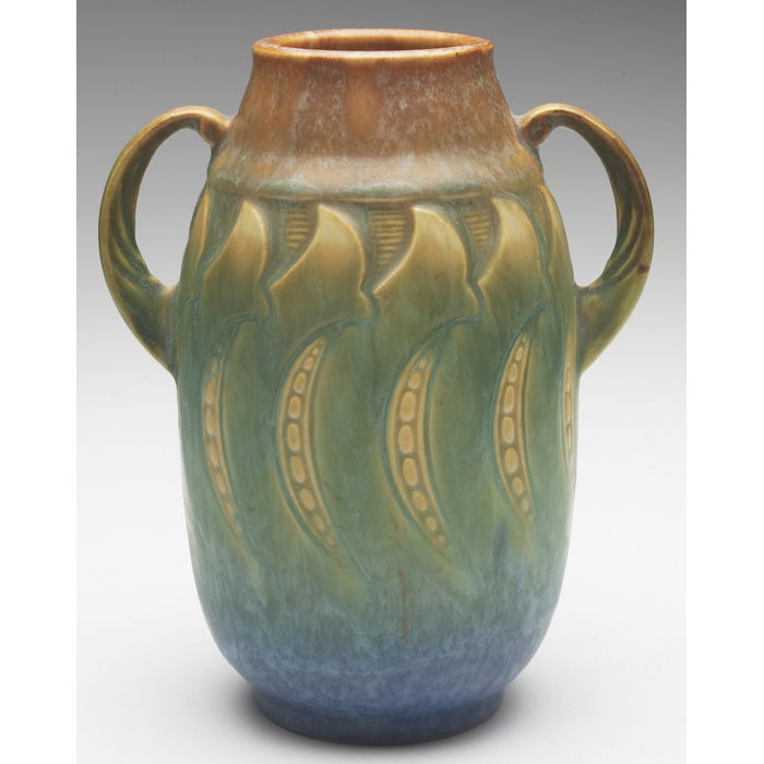 Appraisal: Roseville Falline vase double handled shape brown green and blue