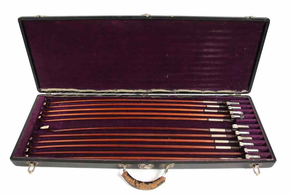 Appraisal: CASED SET VIOLIN BOWS - Early th c Cased Set