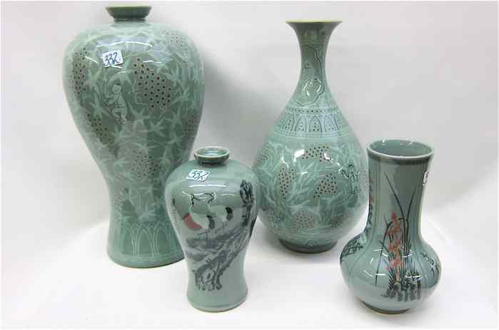 Appraisal: FOUR CHINESE CELADON CRACKLE GLAZE POTTERY VASES in various size