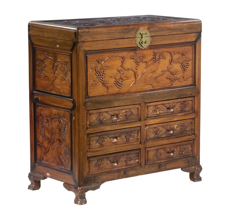 Appraisal: CHINESE CARVED CAMPHORWOOD CHEST WITH DRAWERS Lift Lid Chest with