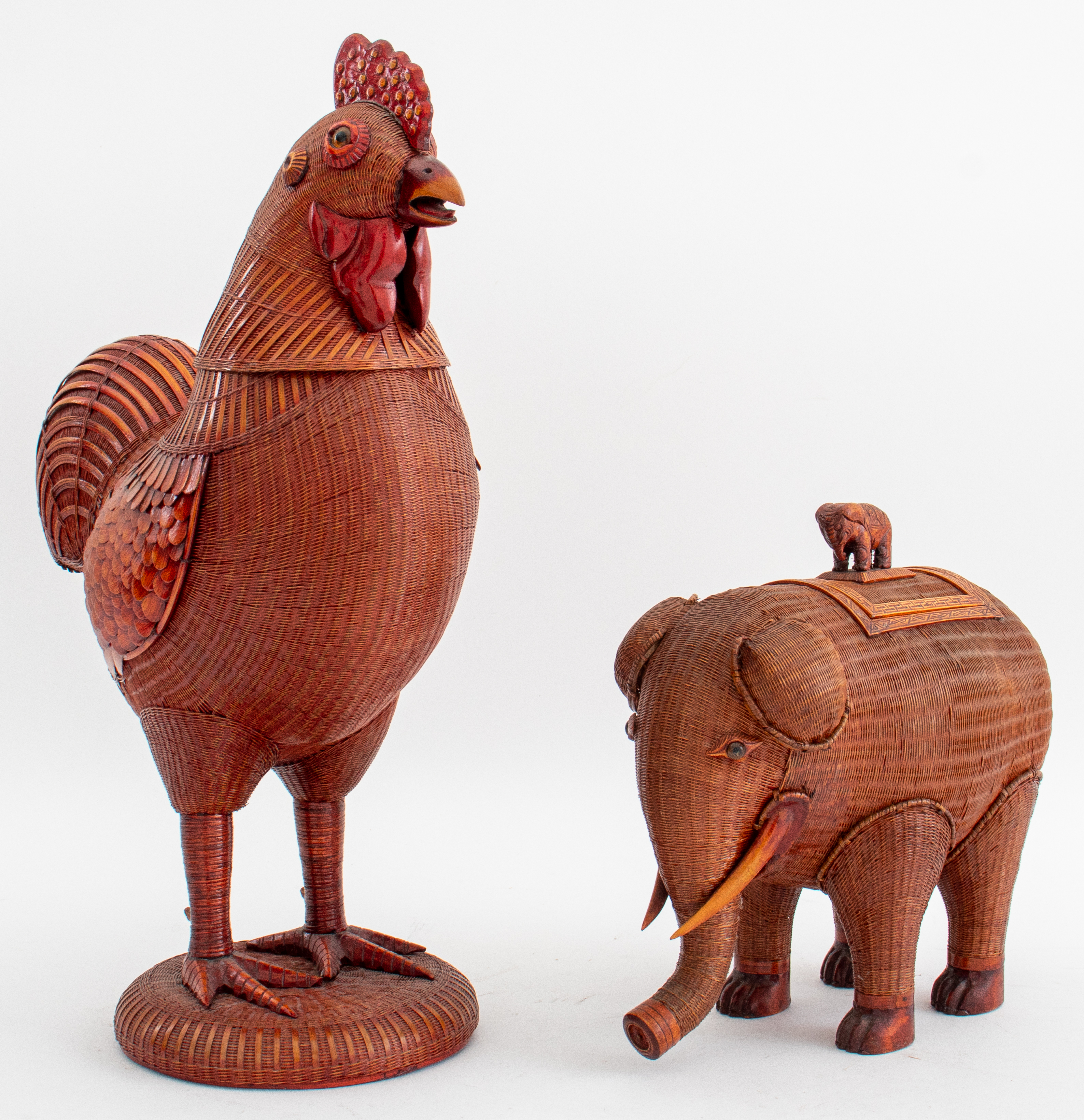 Appraisal: VINTAGE CHINESE WICKER ROOSTER ELEPHANT BOX Group of two Vintage