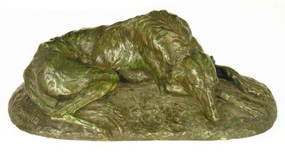 Appraisal: After Paul Gayrard - A recumbent deerhound bronze with green