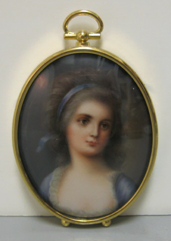 Appraisal: MINIATURE PORTRAIT OF NOBLEWOMAN ON PORCELAIN Oval hand painted portrait