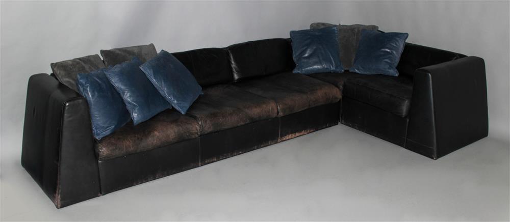 Appraisal: JUAN MONTOYA CONTEMPORARY BLACK LEATHER SECTIONAL SOFA WITH SLEEPER SECTION