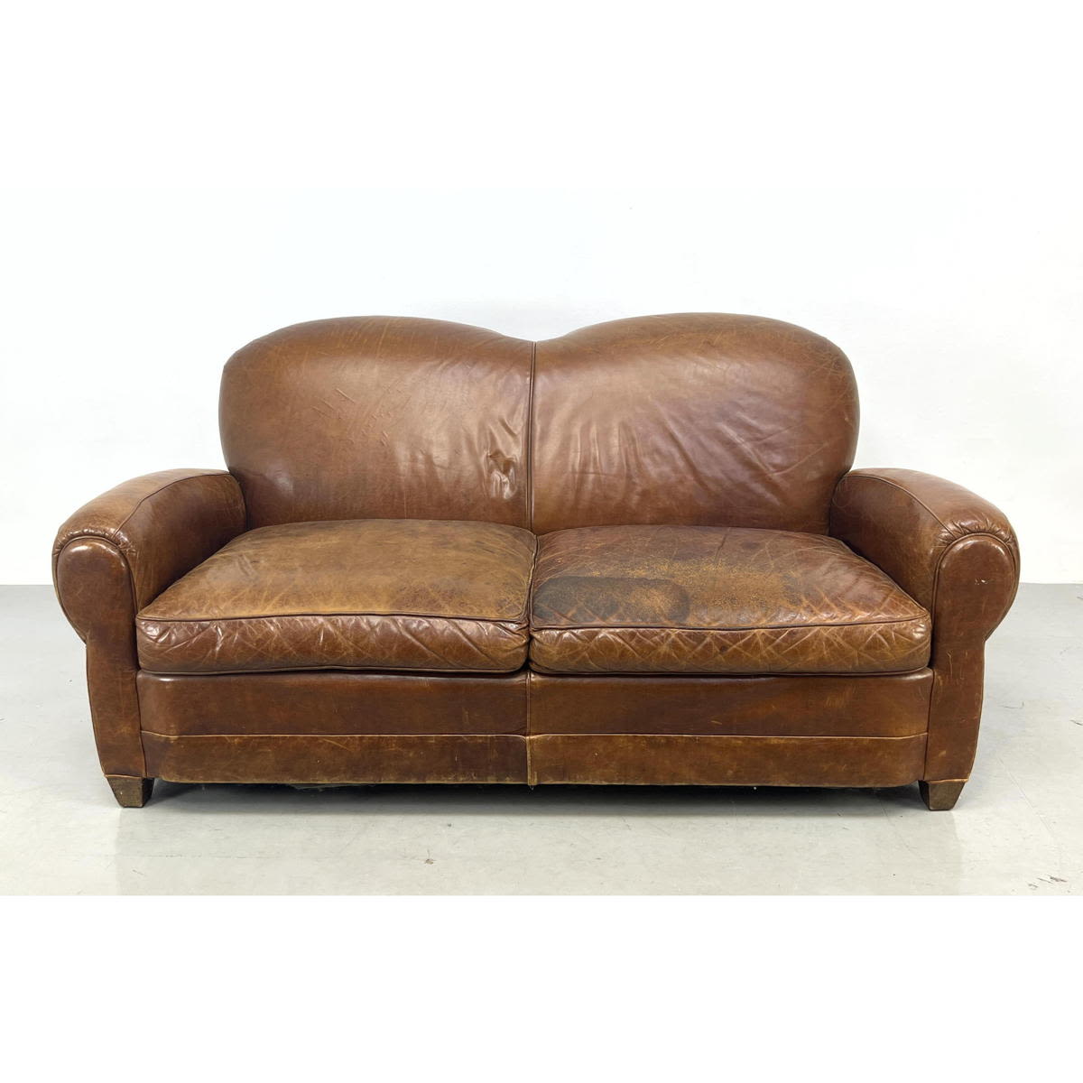 Appraisal: Art Deco style Brown Leather Club Sofa Couch Warm brown