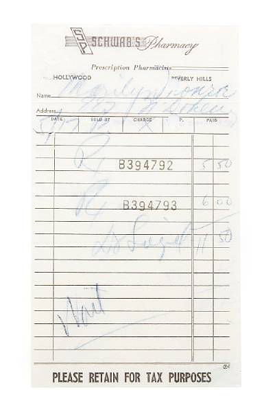 Appraisal: A Marilyn Monroe receipt from Schwab's Pharmacy circa A carbon