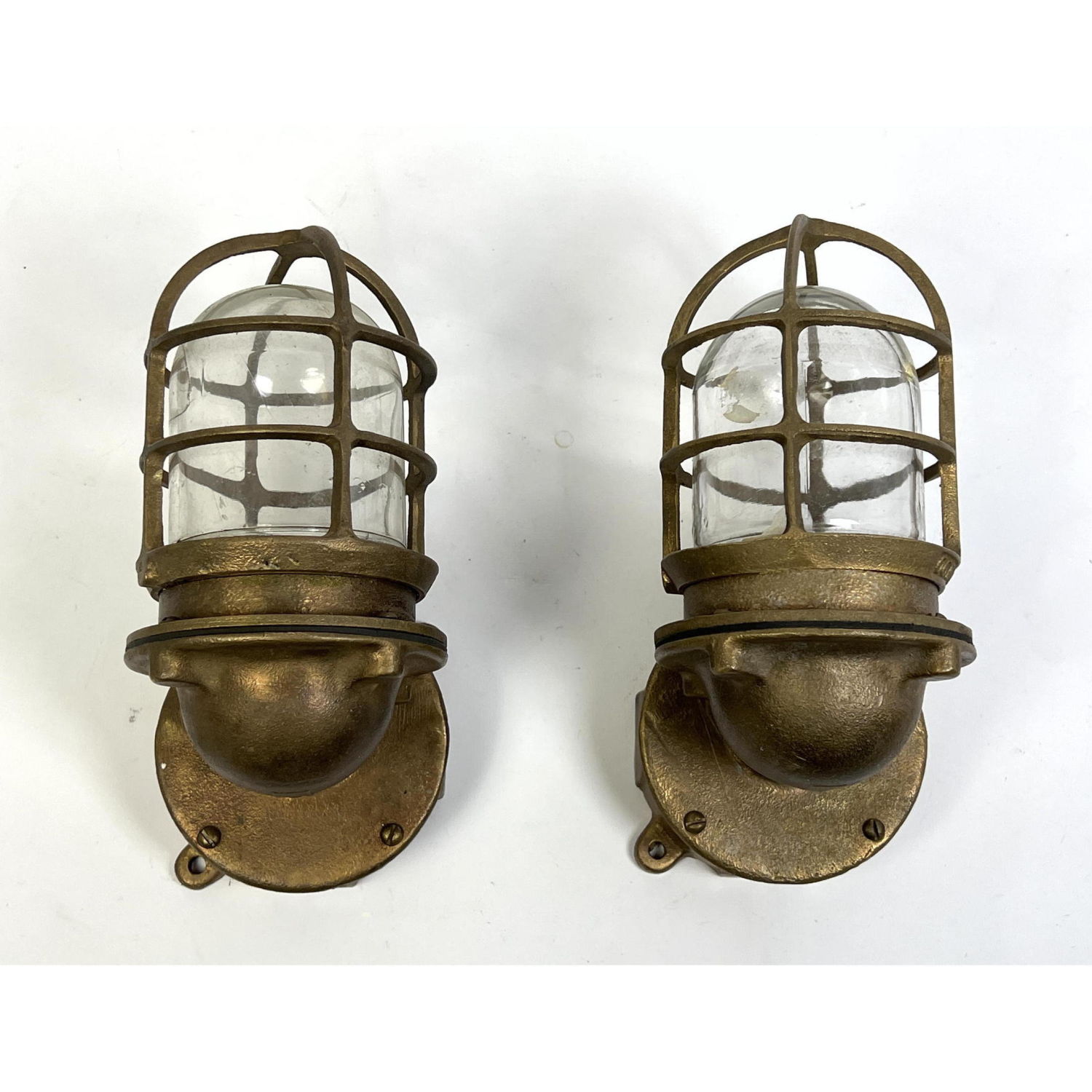 Appraisal: Pair of Bronze Cage Form Ship Light Lanterns Dimensions H