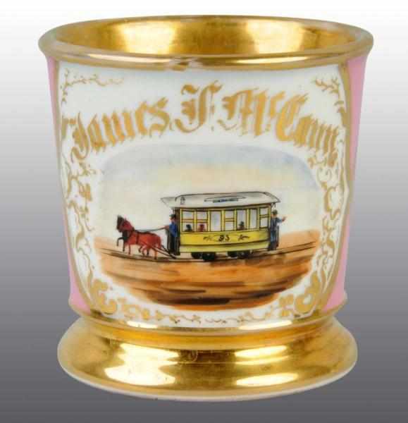 Appraisal: James F McCann Occupational Shaving Mug Description Depicts horse-drawn trolley