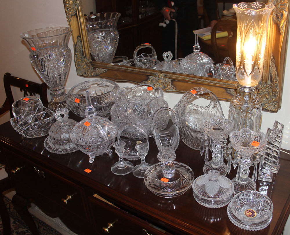 Appraisal: Large assortment of cut pressed glass including bowls lamp candle