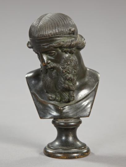 Appraisal: Diminutive Italian Patinated Bronze Table Bust depicting a bearded philosopher