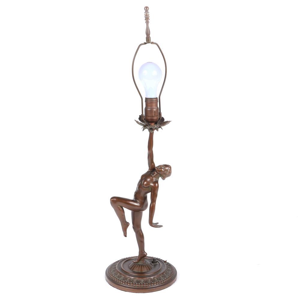 Appraisal: ART DECO FEMALE NUDE FIGURAL SPELTER METAL LADY LAMP WITH