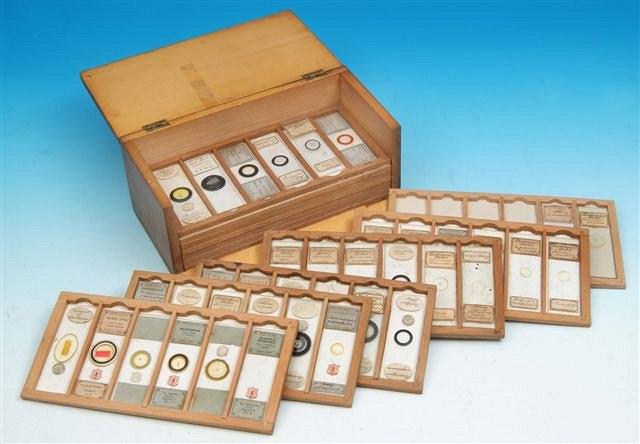 Appraisal: A PINE BOX CONTAINING A QUANTITY OF VARIOUS MICROSCOPE SLIDES