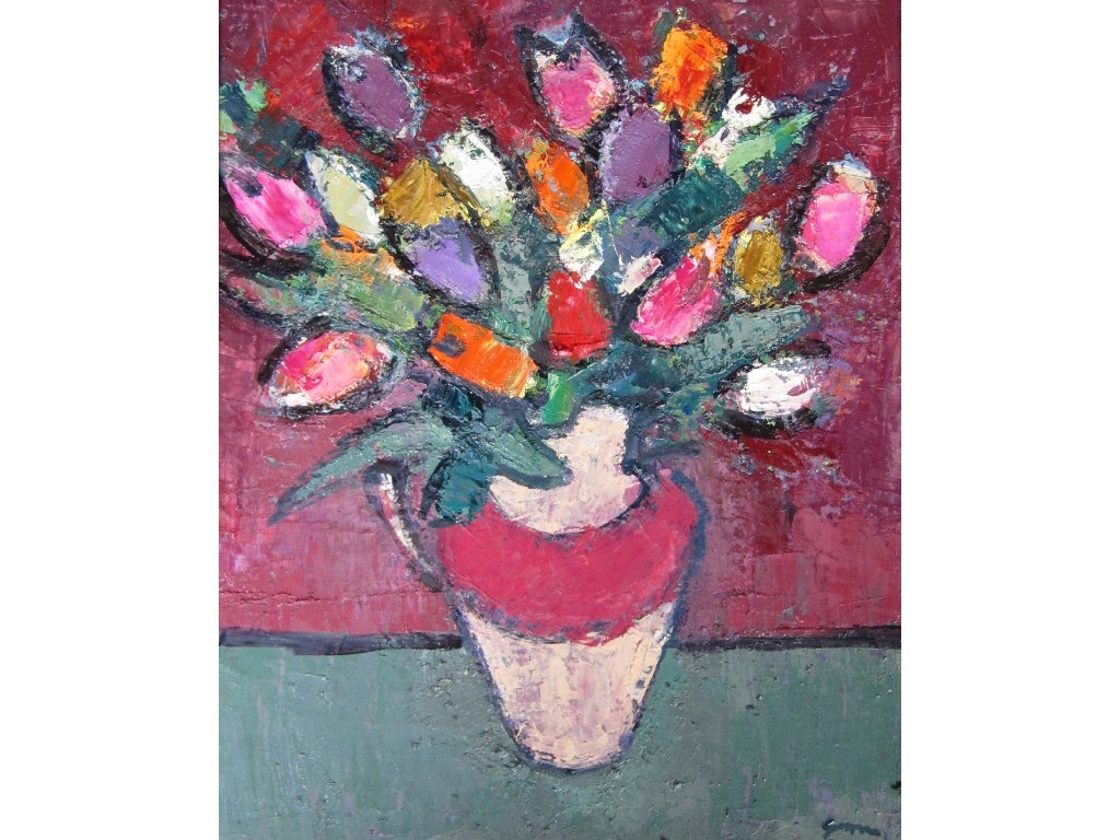 Appraisal: DES GORMAN b MIXED TULIPS Oil on gesso panel signed