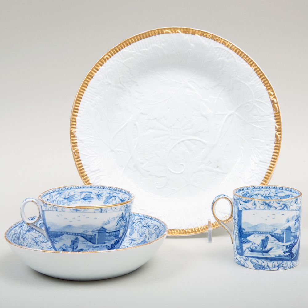 Appraisal: Wedgwood Blue Transfer Printed Porcelain Trio and a Grapeleaf Molded