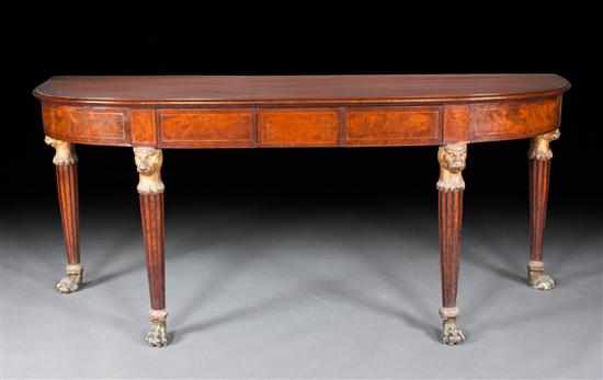 Appraisal: Regency mahogany parcel-gilt demilune sideboard circa demilune top stringer inlaid