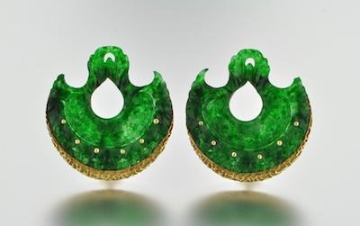 Appraisal: A Pair of Finely Carved Jadeite Earclips k yellow gold