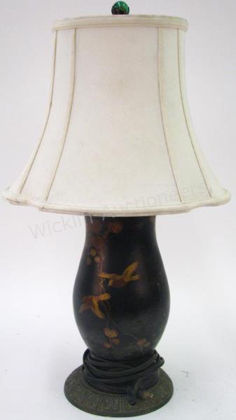 Appraisal: Oriental motif decorated table lamp black metal with painted bird