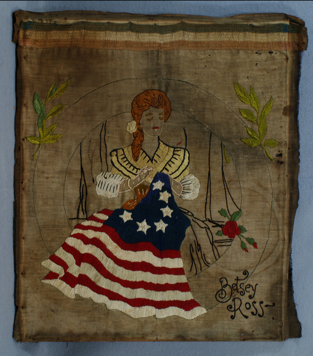 Appraisal: Embroidered silk panel depicting Betsey sic Ross sewing the Flag