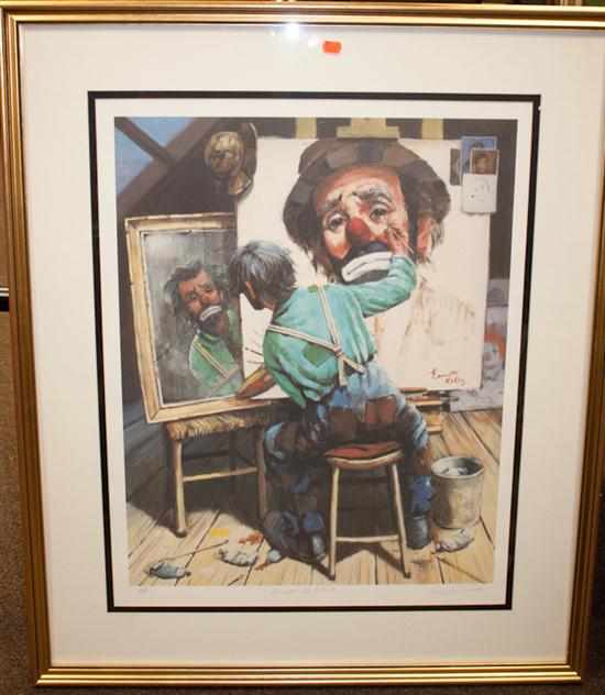 Appraisal: Emmett self-portrait lithograph framed portrait of legendary clown Emmett Kelly