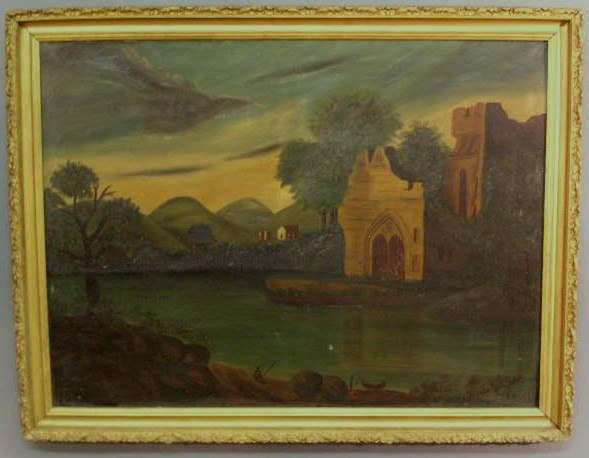 Appraisal: Oil on canvas painting of ruins by a lake with