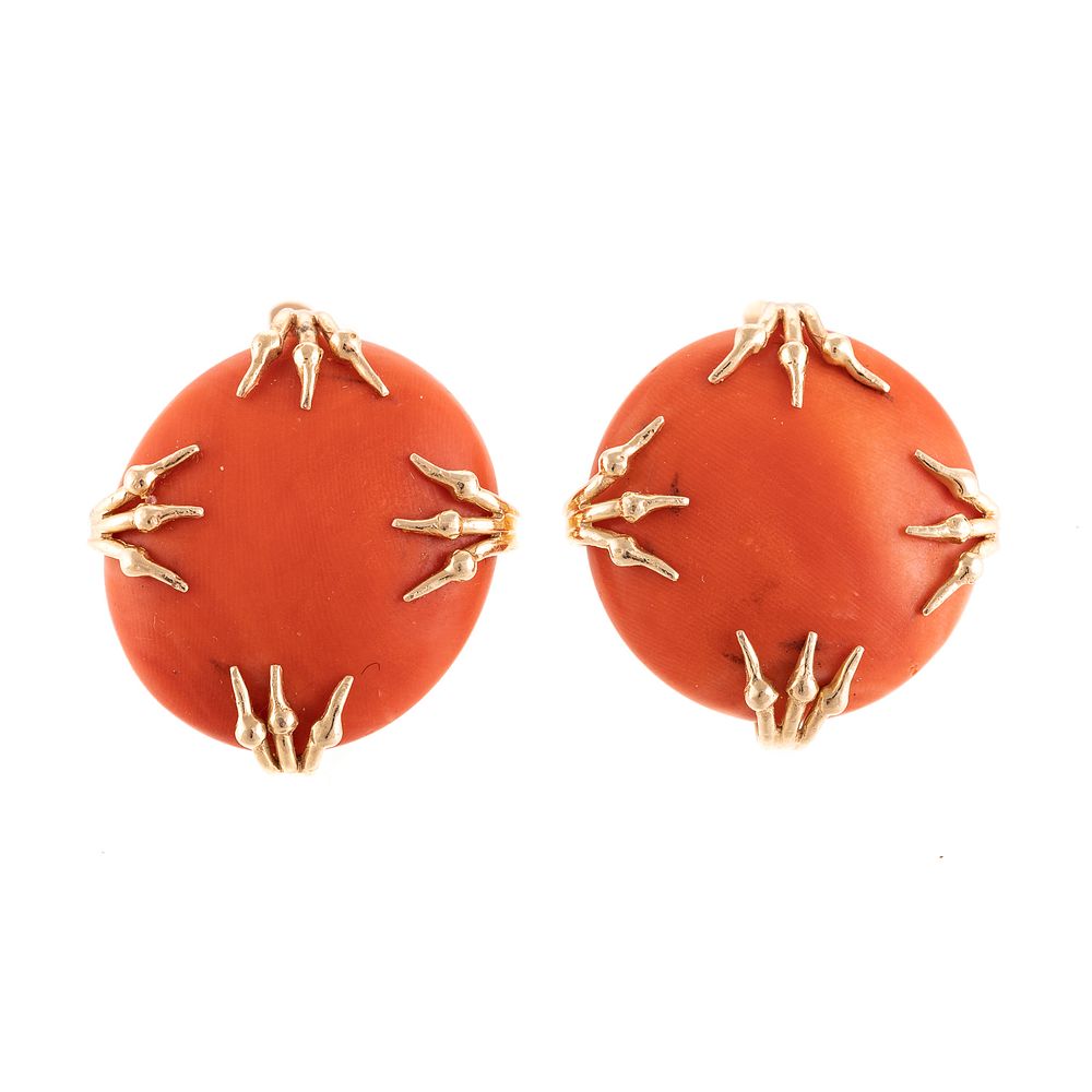 Appraisal: A Pair of Russian Coral Button Earrings in K K