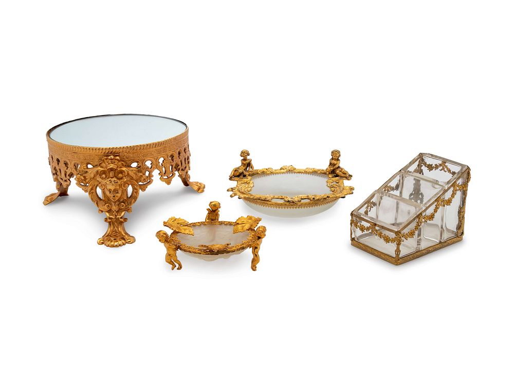 Appraisal: Four French Gilt Metal and Glass Table Articles Four French