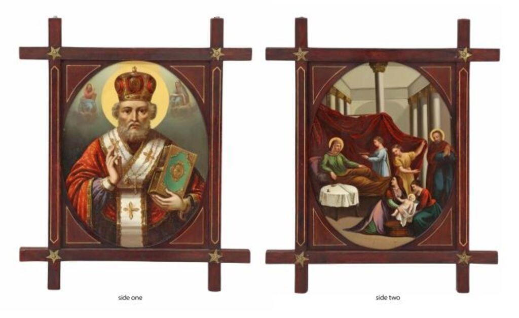 Appraisal: Framed double-sided oil on metal plate painting The Nativity of