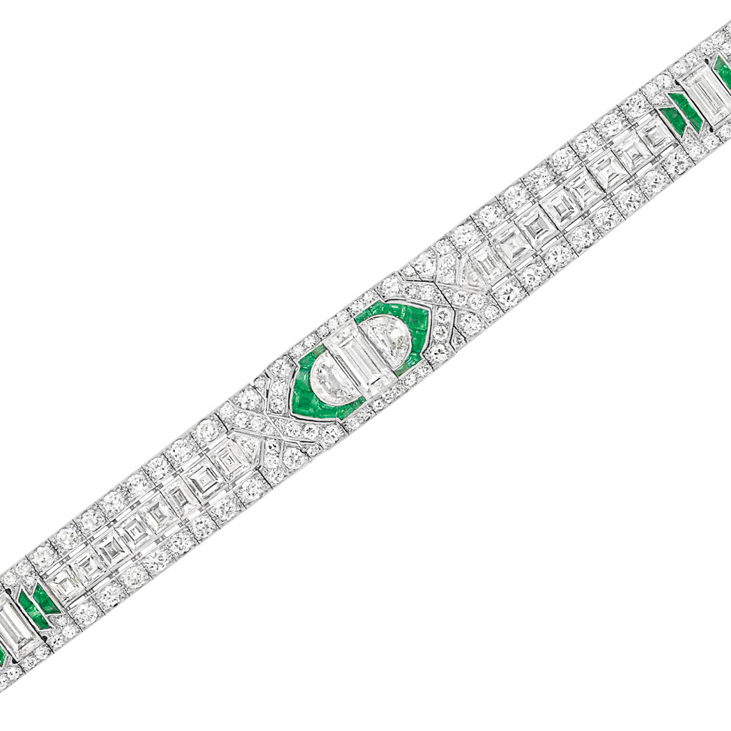 Appraisal: Art Deco Platinum Emerald and Diamond Bracelet Centering one rectangular