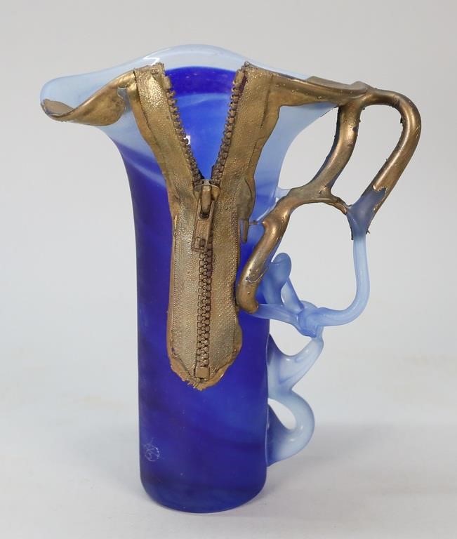 Appraisal: Dan Bancila Romania - Art glass with metal zipper vase