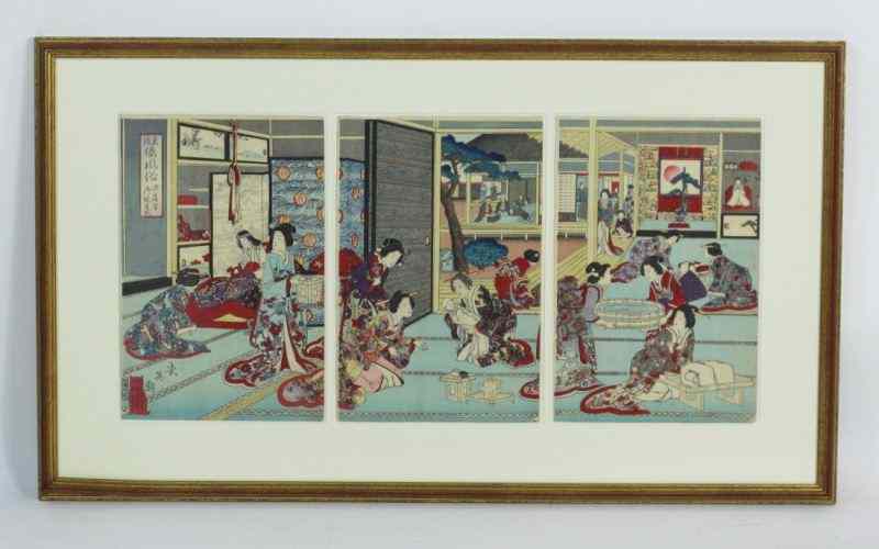 Appraisal: Japanese Triptych Woodblock th centuryartist unknown printed signature image of