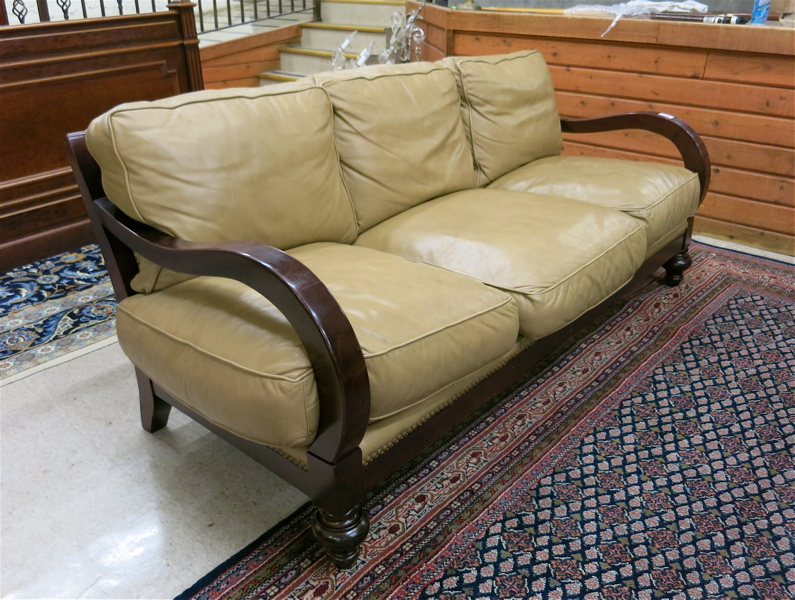 Appraisal: LEATHER AND MAHOGANY SOFA Classic Leather Inc North Carolina recent