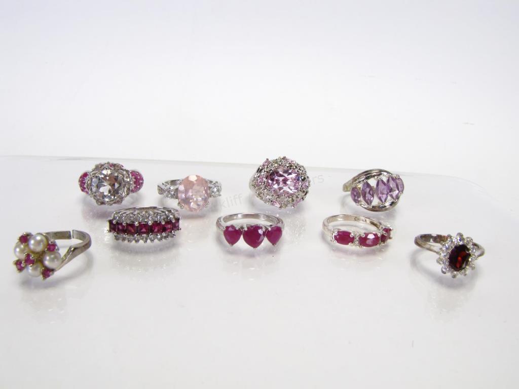 Appraisal: Nine sterling silver rings with stones resembling amethyst garnet ruby