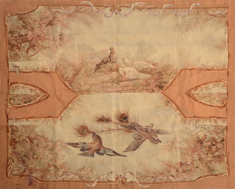 Appraisal: AUBUSSON PIERCED TAPESTRY FRAGMENT Incorporating two stitched panels showing paired