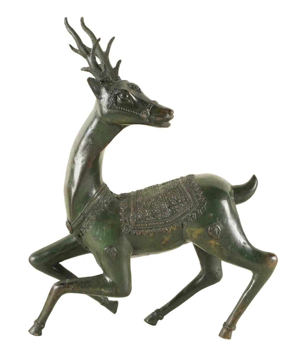 Appraisal: CHINESE BRONZE STAG FIGURECondition with a dark green patina and