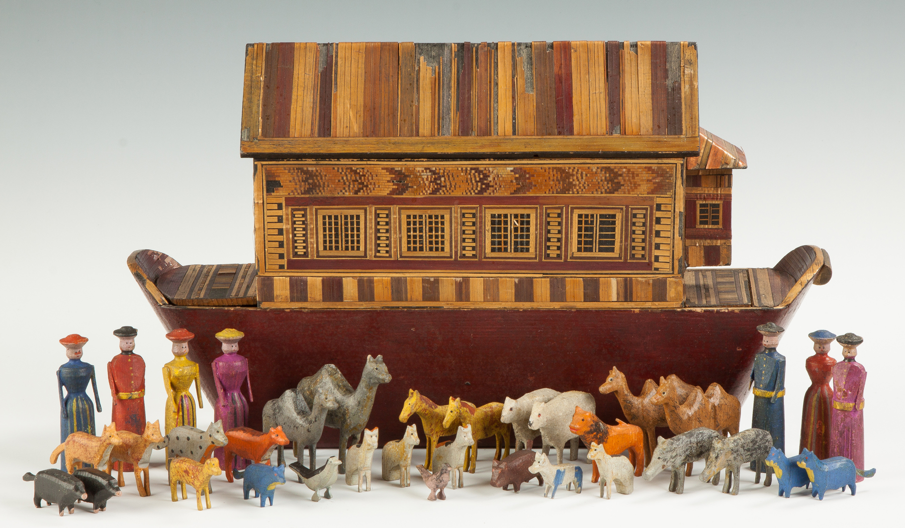 Appraisal: Noah's Ark Figures Animals C Ark is inlaid wood w