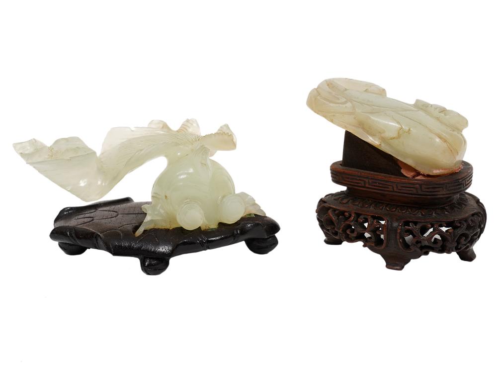 Appraisal: CARVED JADE FIGURES ON WOOD BASESChinese Jade bubble eye goldfish