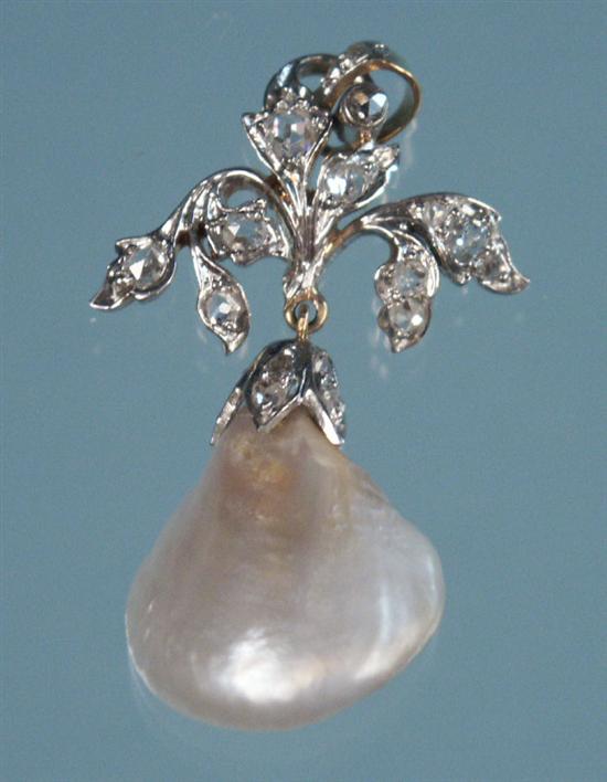 Appraisal: WHITE AND YELLOW GOLD DIAMOND AND PEARL PENDANT the irregular