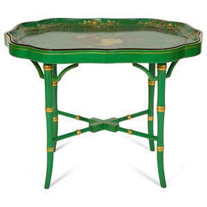 Appraisal: A Regency Green and Gilt Lacquer Papier Mache Tray Table