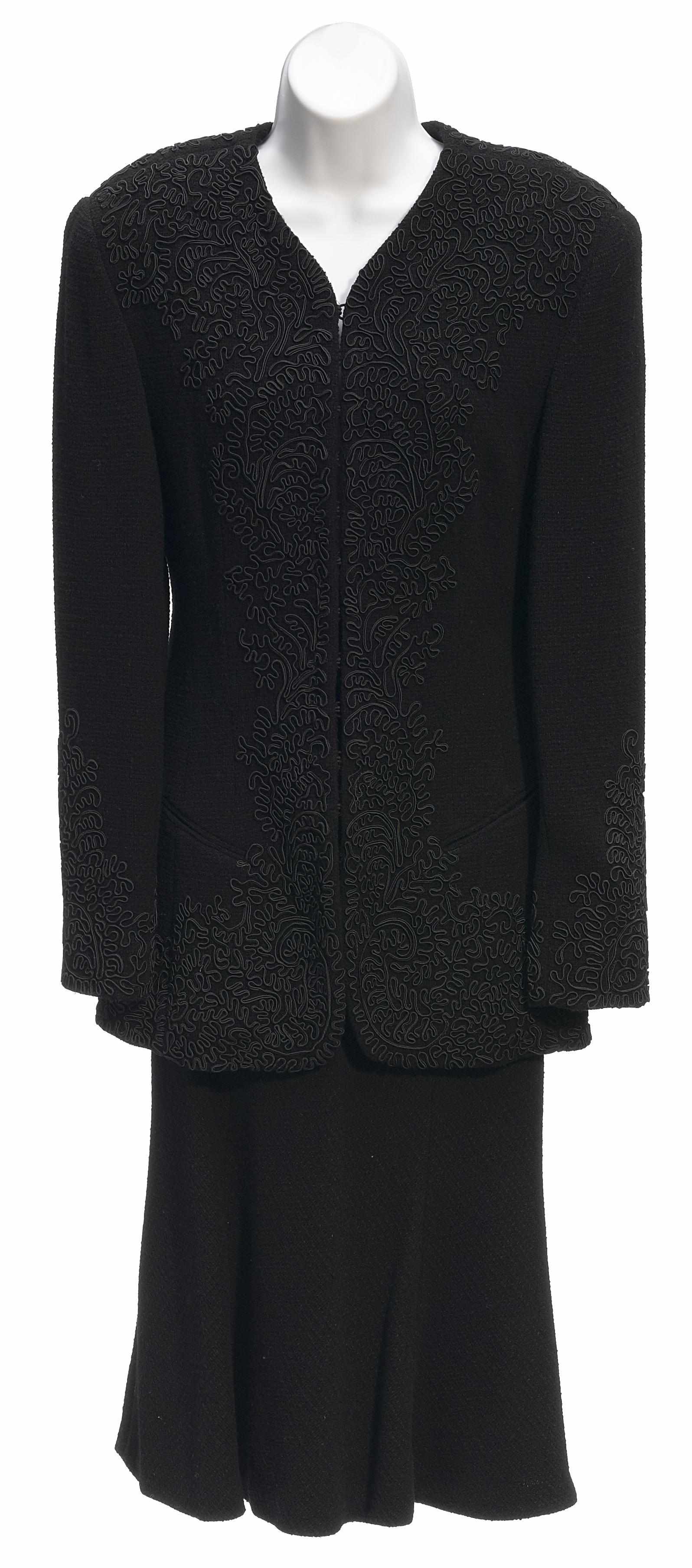 Appraisal: A Donna Karan black tweed embroidered jacket and tulip skirt